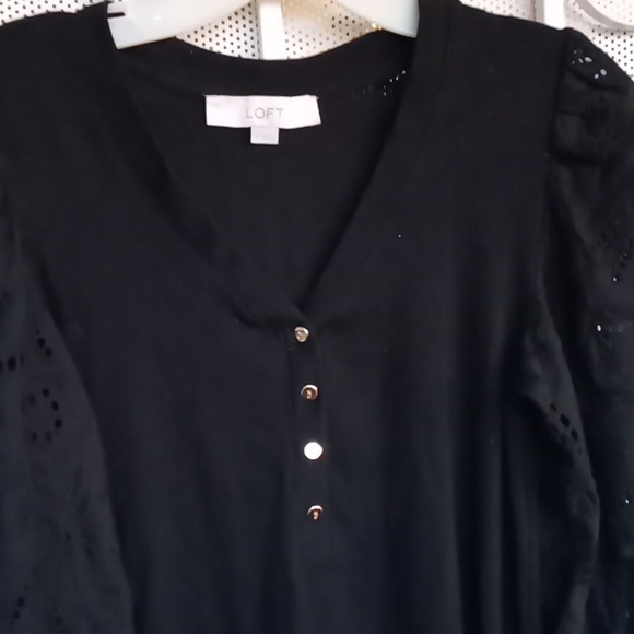 Loft ladies Half button top with lace crocheted sleeves. - Picture 1 of 5